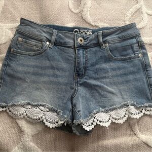 Warehouse One Lace Trim Distressed Denim Shorts